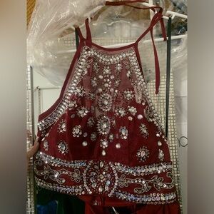 Two piece prom dress, red, with a beaded top